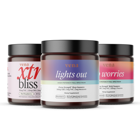 Angled view of Best Sellers Bundle showing three Vena gummy jars labeled Lights Out, Xtr Bliss, and No Worries with Blackberry and Red Raspberry flavors