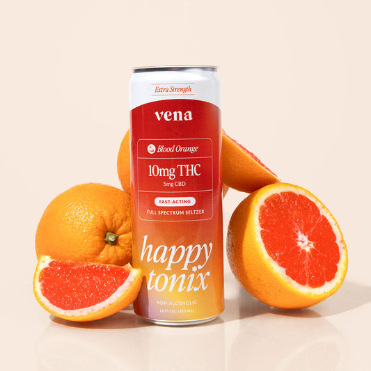 Extra Strength vena Blood Orange 10mg THC 5mg CBD FAST-ACTING FULL SPECTRUM SELTZER happy tonix NON-ALCOHOLIC 12 FL OZ (355 ML)