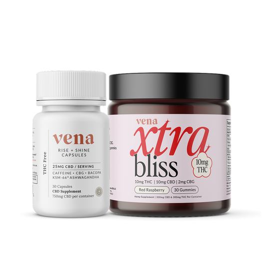 vena RISE + SHINE CAPSULES 25MG CBD / SERVING 30 Capsules; vena xtra bliss 10mg THC Red Raspberry 30 Gummies