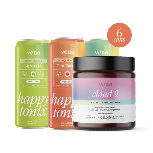 Three Vena cans (Margarita, Citrus Spritz) with a Vena "Cloud 9" gummy jar and orange badge reading "6 cans".