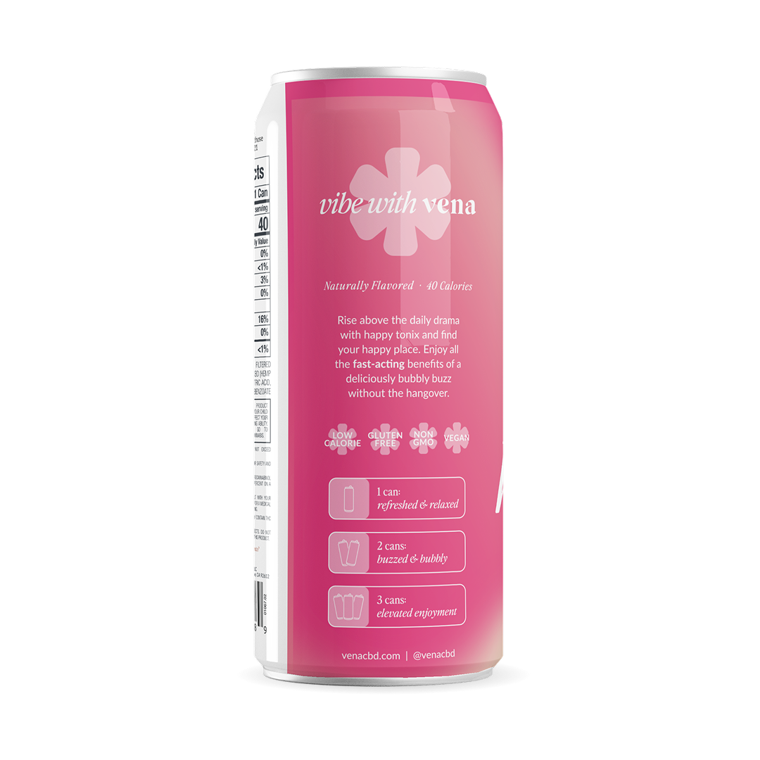 Back of Happy Tonix Grapefruit THC seltzer can showing ‘vibe with vena’ headline, benefits blurb, low-calorie/gluten-free/non-GMO/vegan icons and 1–3 can guidance