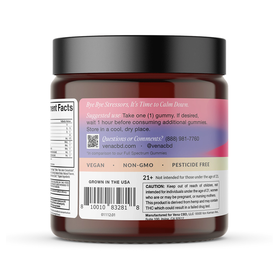 Rear of Vena No Worries gummy jar showing back label with Bye Bye Stressors headline, suggested use and vegan non-GMO badges