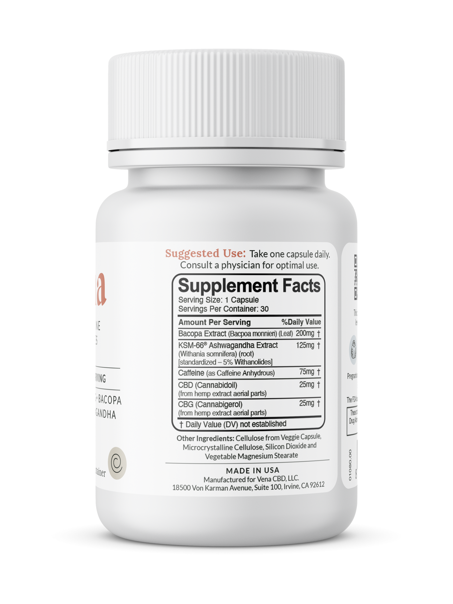 White supplement bottle back label showing 'Supplement Facts' panel and ingredients list including CBD 25mg and CBG 25mg.