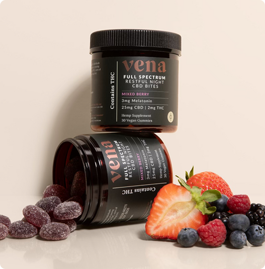 vena, FULL SPECTRUM RESTFUL NIGHT CBD BITES; MIXED BERRY; 3mg Melatonin; 25mg CBD | 2mg THC; Contains THC