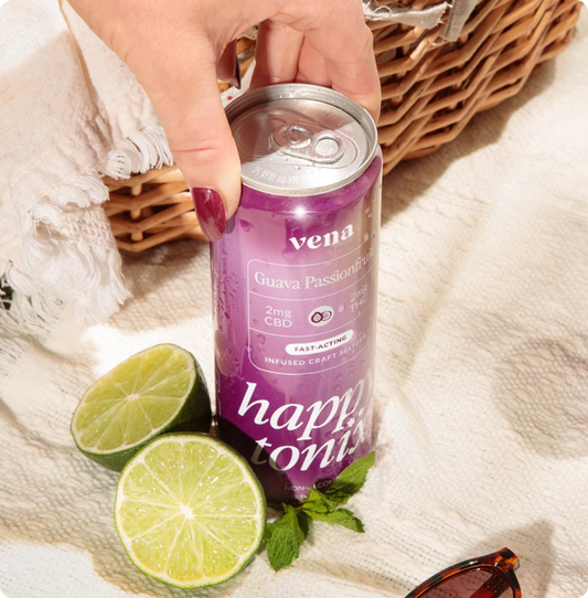 Purple Vena can labeled 'happy tonix' — Guava Passionfruit, 2mg CBD, FASTACTING, INFUSED