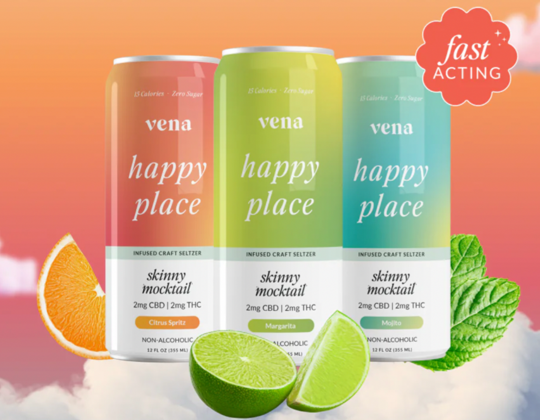 Three Vena "happy place" infused craft seltzer cans — Citrus Spritz, Margarita, Mojito — garnished with lime, orange and mint; fast ACTING badge.