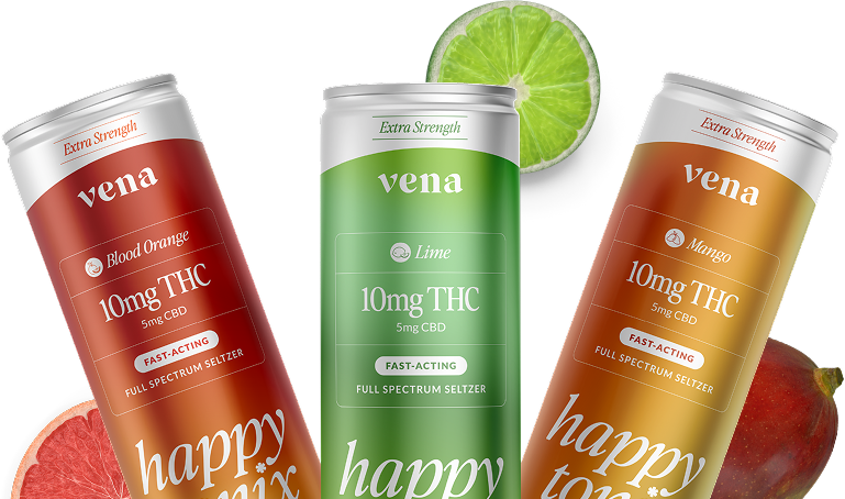 Three vena seltzer cans — Blood Orange, Lime, Mango; labels: Extra Strength, 10mg THC, 5mg CBD, FAST-ACTING, FULL SPECTRUM SELTZER, happy tonic