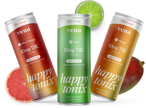 Three vena happy tonix cans in blood orange, lime and mango flavors with their respective fruit behind them.