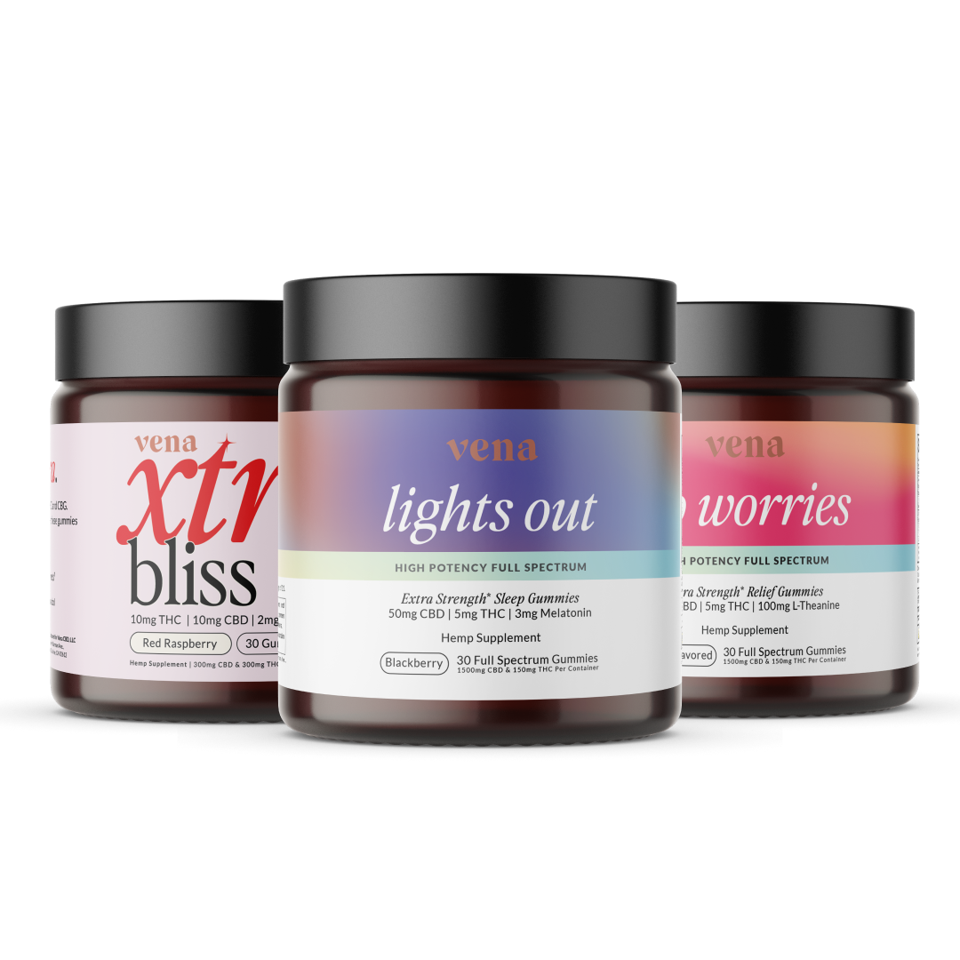 Angled view of Best Sellers Bundle showing three Vena gummy jars labeled Lights Out, Xtr Bliss, and No Worries with Blackberry and Red Raspberry flavors