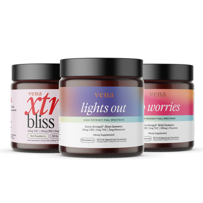 Angled view of Best Sellers Bundle showing three Vena gummy jars labeled Lights Out, Xtr Bliss, and No Worries with Blackberry and Red Raspberry flavors