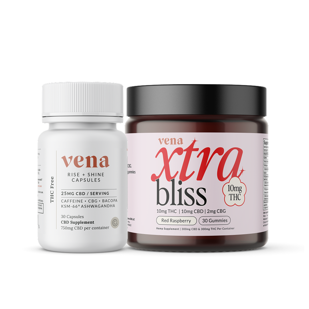 vena RISE + SHINE CAPSULES 25MG CBD / SERVING 30 Capsules; vena xtra bliss 10mg THC Red Raspberry 30 Gummies