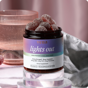 Jar of sugar-coated blackberry sleep gummies labeled 'vena lights out, HIGH POTENCY FULL SPECTRUM'