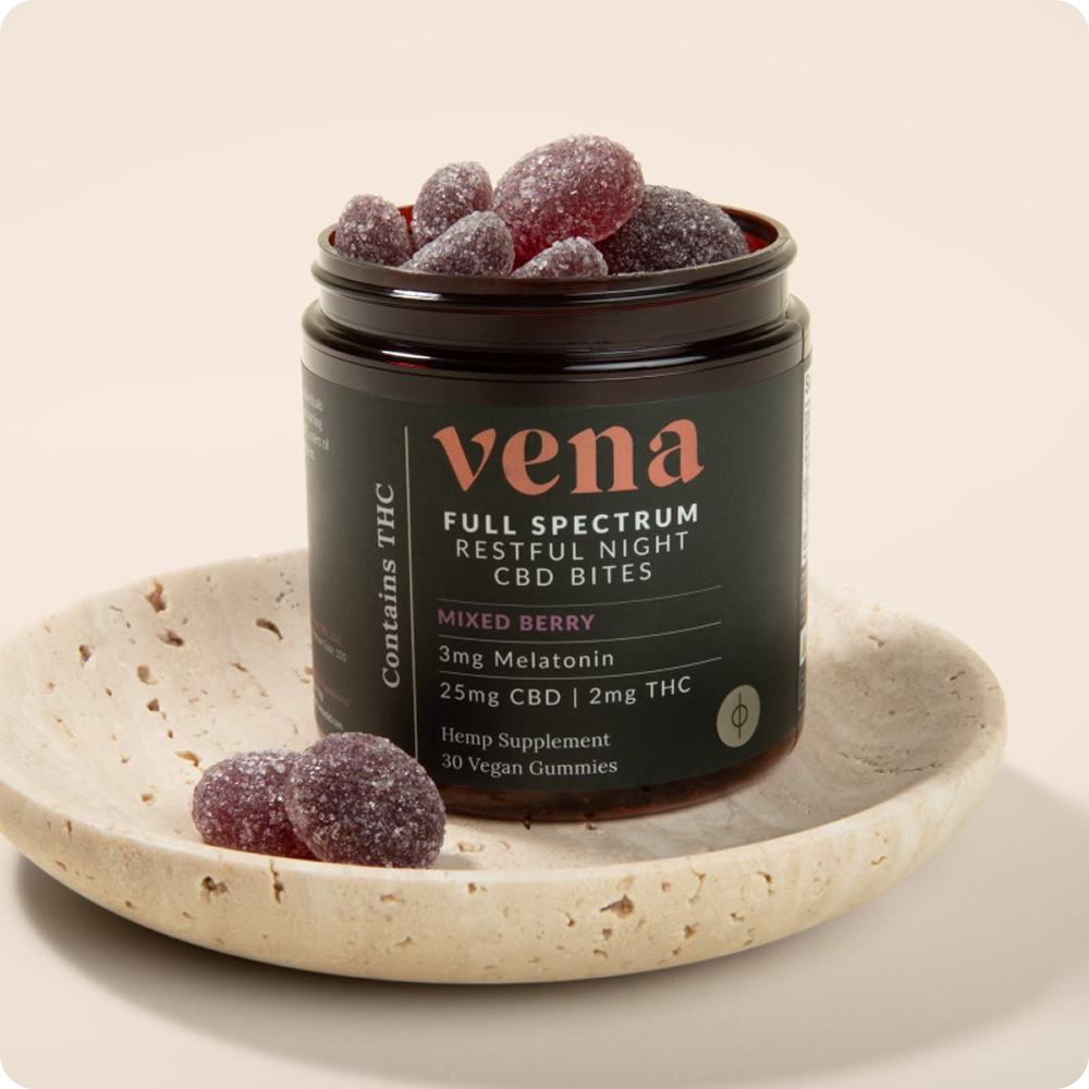 vena jar of Mixed Berry Full Spectrum Restful Night CBD Bites — 3mg Melatonin, 25mg CBD | 2mg THC