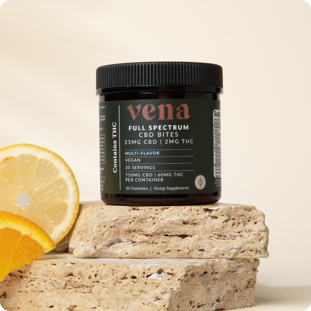 Vena full-spectrum CBD gummy jar on stone with lemon slice, label: 25MG CBD | 2MG THC; multi-flavor, vegan, 30 gummies