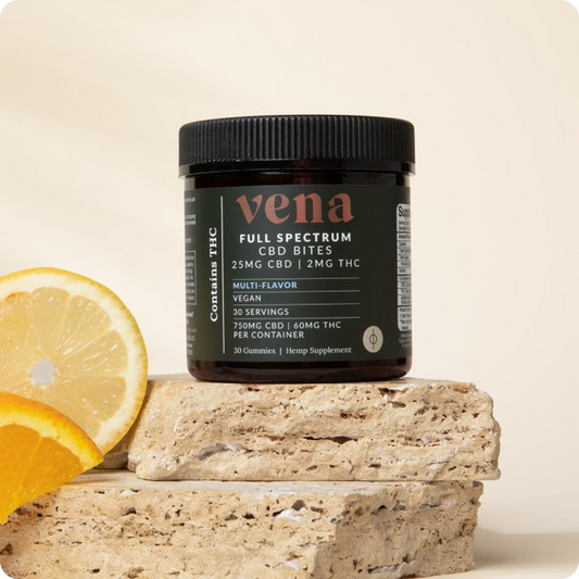 Vena full-spectrum CBD gummy jar on stone with lemon slice, label: 25MG CBD | 2MG THC; multi-flavor, vegan, 30 gummies