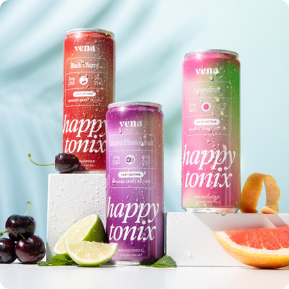 Three vena happy tonix cans: Black Cherry, Guava Passionfruit, Grapefruit — 2mg CBD 2mg THC FAST-ACTING INFUSED CRAFT SELTZER