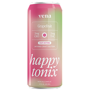 Front view of Happy Tonix Grapefruit slim THC seltzer can showing 2 mg THC, 2 mg CBD, and non-alcoholic label on pink gradient background