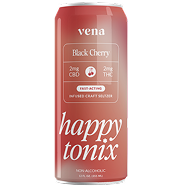 vena Black Cherry can labeled 2mg CBD and 2mg THC, large 'happy' script; NON-ALCOHOLIC.