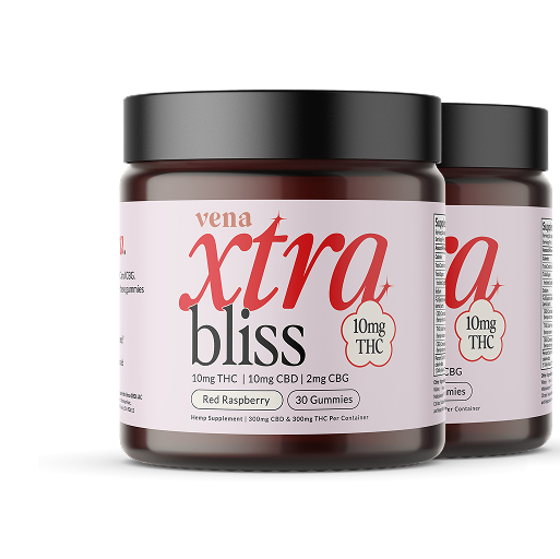 vena xtra bliss jar label — Red Raspberry, 10mg THC 10mg CBD 2mg CBG 30 Gummies