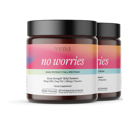 Two supplement jars of vena no worries — HIGH POTENCY FULL SPECTRUM, Hemp Supplement, Multi-Flavored gummies