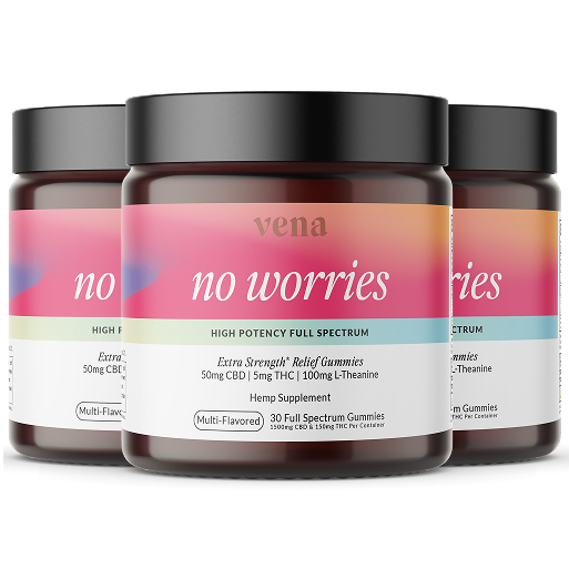 Three pink-labeled supplement jars of Vena 'no worries' hemp supplement jar — high potency full-spectrum relief gummies, 30 count.