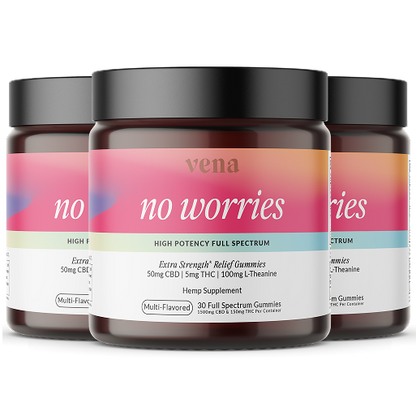 Three pink-labeled supplement jars of Vena 'no worries' hemp supplement jar — high potency full-spectrum relief gummies, 30 count.