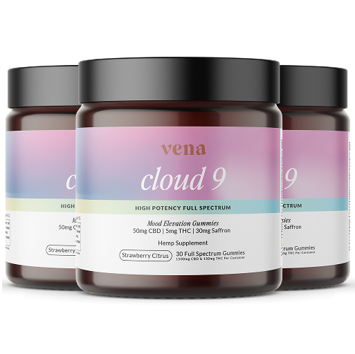 Vena cloud 9 high potency full spectrum strawberry citrus gummies — Mood Elevation, 50mg CBD, 5mg THC, saffron