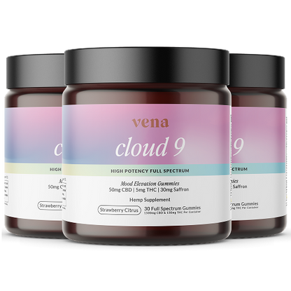 Vena cloud 9 high potency full spectrum strawberry citrus gummies — Mood Elevation, 50mg CBD, 5mg THC, saffron