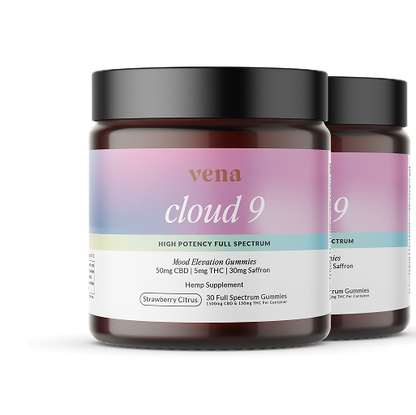 Front view of two Cloud 9 gummies jars showcasing purple-pink Mood Elevation label and Vena brand name on white background