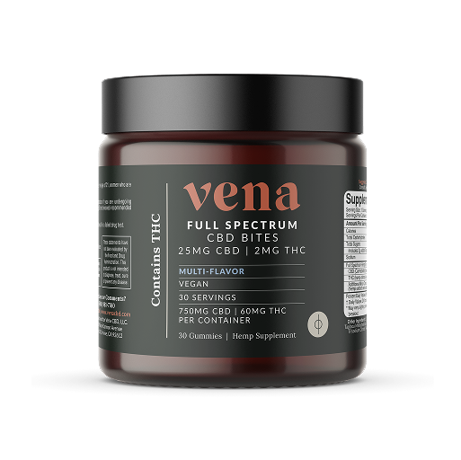 Vena full-spectrum CBD bites jar; 25 mg CBD and 2 mg THC per gummy, multi-flavor, vegan, 30 gummies