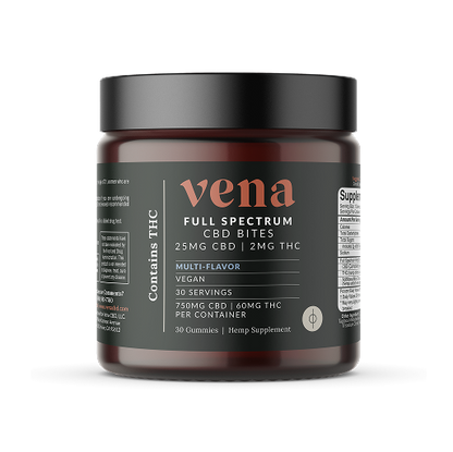 Vena full-spectrum CBD bites jar; 25 mg CBD and 2 mg THC per gummy, multi-flavor, vegan, 30 gummies