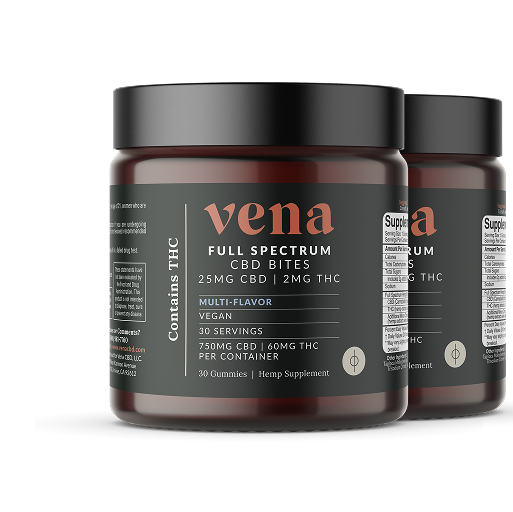 Two dark supplement jars of Vena Full Spectrum CBD Bites gummies, label shows '25MG CBD | 2MG THC' and 'Contains THC'.