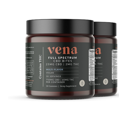 Two dark supplement jars of Vena Full Spectrum CBD Bites gummies, label shows '25MG CBD | 2MG THC' and 'Contains THC'.