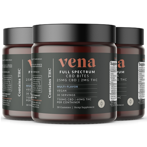 Front view of three Full Spectrum CBD Bites jars showing label 25MG CBD and 2MG THC on dark labels