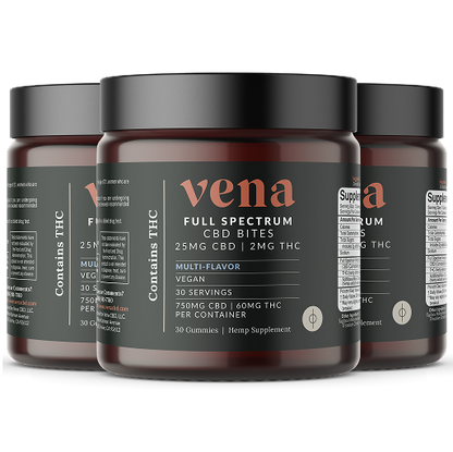 Front view of three Full Spectrum CBD Bites jars showing label 25MG CBD and 2MG THC on dark labels
