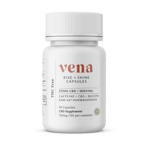 Front view of Rise and Shine capsule bottle showing vena logo and label 25 mg CBD per serving, THC free, white background