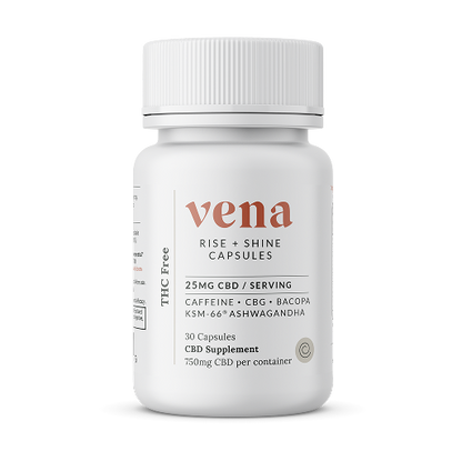 Front view of Rise and Shine capsule bottle showing vena logo and label 25 mg CBD per serving, THC free, white background