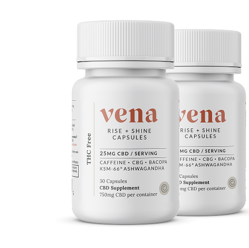Front view of two Rise + Shine CBD capsule bottles showing 25 mg CBD per serving label and THC free claim on white background