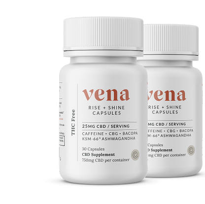 Front view of two Rise + Shine CBD capsule bottles showing 25 mg CBD per serving label and THC free claim on white background