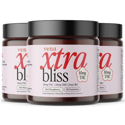 vena xtra bliss — Red Raspberry, 10mg THC, 10mg CBD, 2mg CBG, 30 Gummies