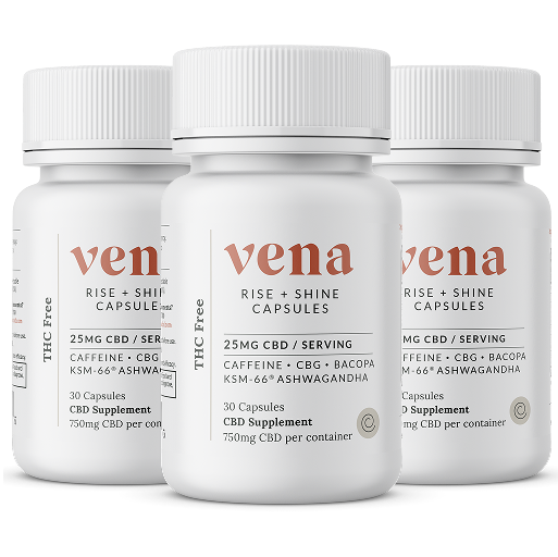 Three Rise and Shine CBD capsule bottles, front labels visible showing 25 mg CBD per serving and caffeine, on white background