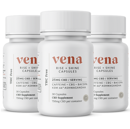 Three Rise and Shine CBD capsule bottles, front labels visible showing 25 mg CBD per serving and caffeine, on white background