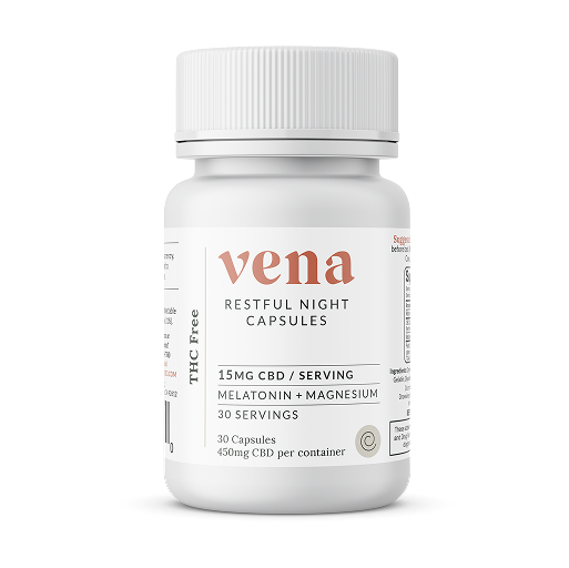Front view of Restful Night bottle showcasing Vena label and 15 mg CBD per serving on white background