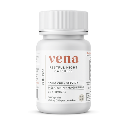 Front view of Restful Night bottle showcasing Vena label and 15 mg CBD per serving on white background