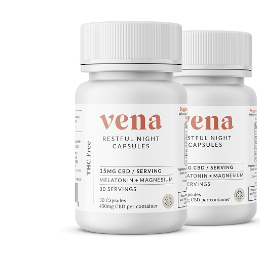 Front view of two Restful Night CBD + Melatonin bottles showing label 15mg CBD per serving, 30 ct