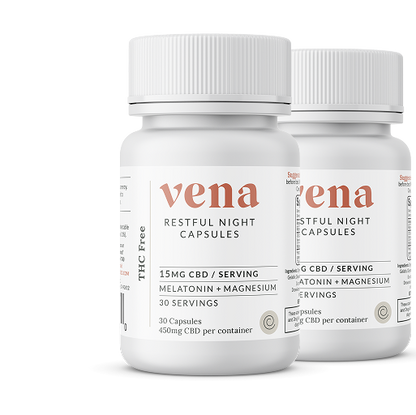 Front view of two Restful Night CBD + Melatonin bottles showing label 15mg CBD per serving, 30 ct