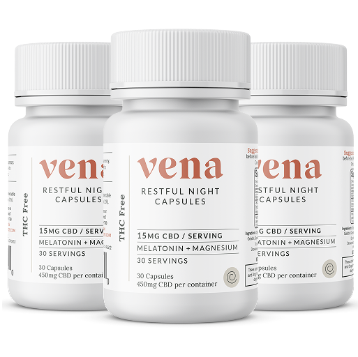 Front view of three Restful Night CBD + Melatonin sleep capsule bottles with white labels and caps on white background