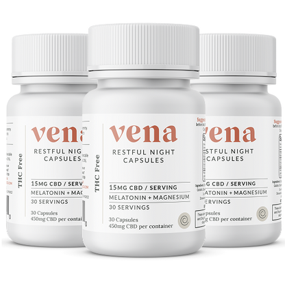 Front view of three Restful Night CBD + Melatonin sleep capsule bottles with white labels and caps on white background