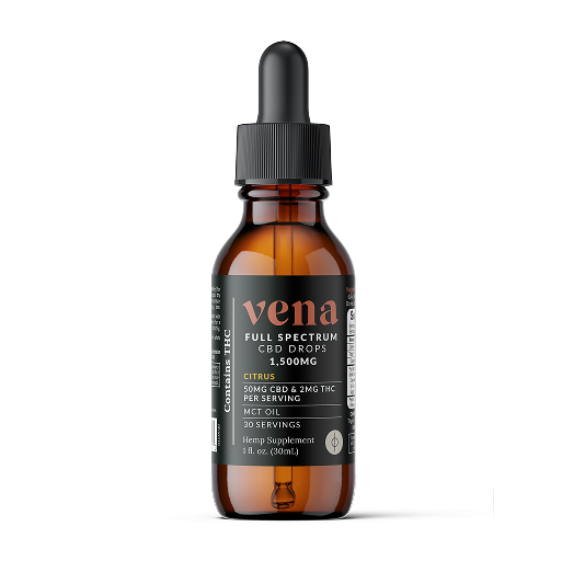 Vena citrus full-spectrum CBD drops bottle, 1,500MG; 50MG CBD & 2MG THC per serving; 30 servings, MCT oil.