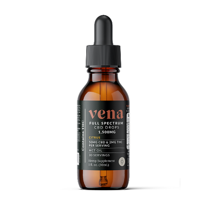 Vena citrus full-spectrum CBD drops bottle, 1,500MG; 50MG CBD & 2MG THC per serving; 30 servings, MCT oil.